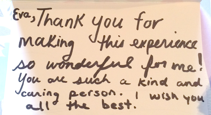 Card saying thank you to patient coordinator of plastic surgery at clinic in Toronto.